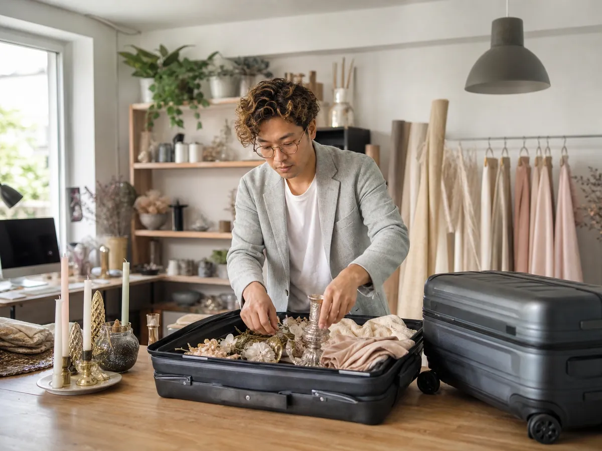 Hochzeitsplaner packt Dekoration und Unterlagen für eine Hochzeit im Ausland