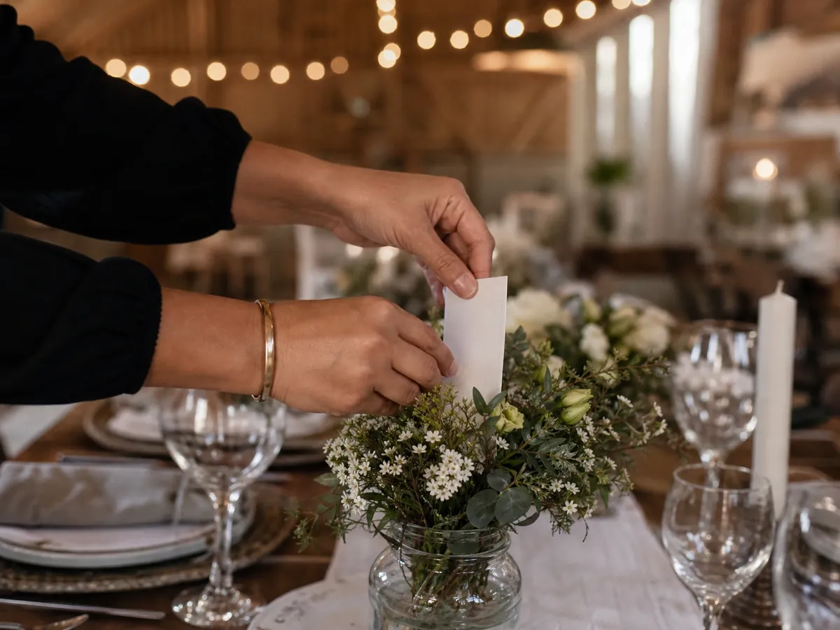 Hochzeitsplanerin dekoriert eine Hochzeitstafel in einer Scheune für den Hochzeitstag
