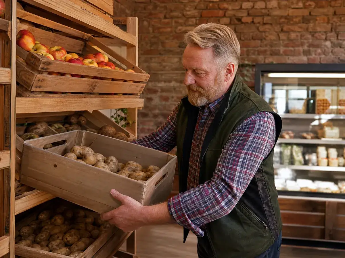 Landwirt räumt in seinem Hofladen eigene Kartoffeln und zugekaufte Ware ins Regal