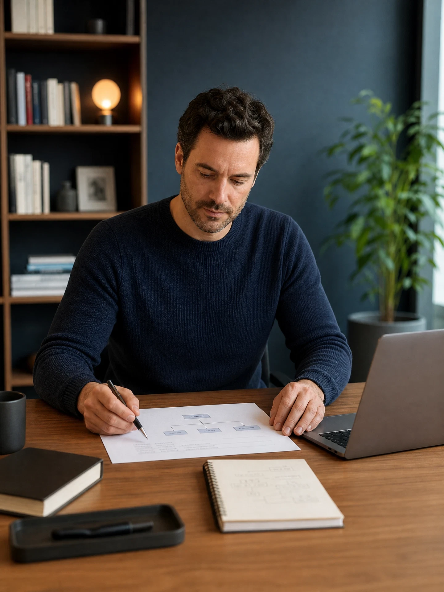 Unternehmer im dunklen Pullover zeichnet am Schreibtisch ein Organigramm mit mehreren Gesellschaften, daneben ein Laptop