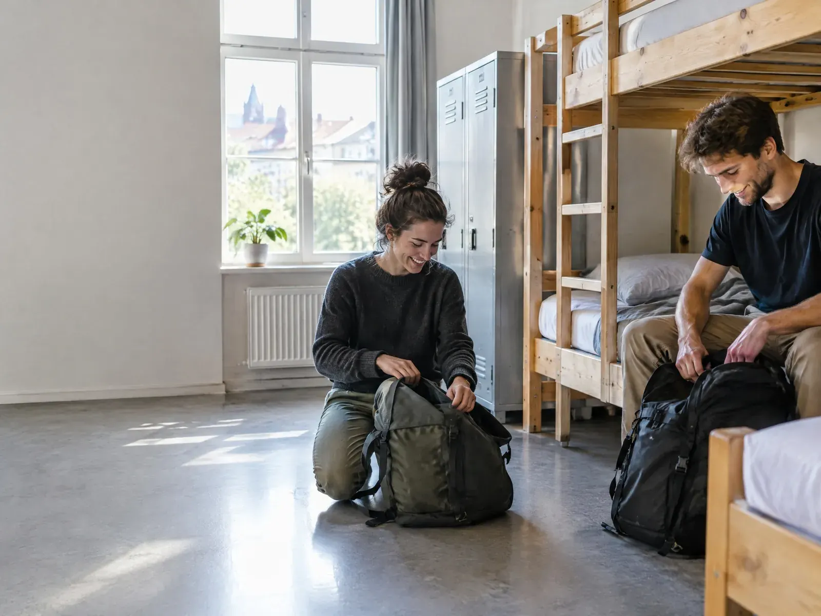 Zwei junge Reisende packen in einem hellen Hostelzimmer mit Holz-Etagenbetten ihre Rucksäcke aus