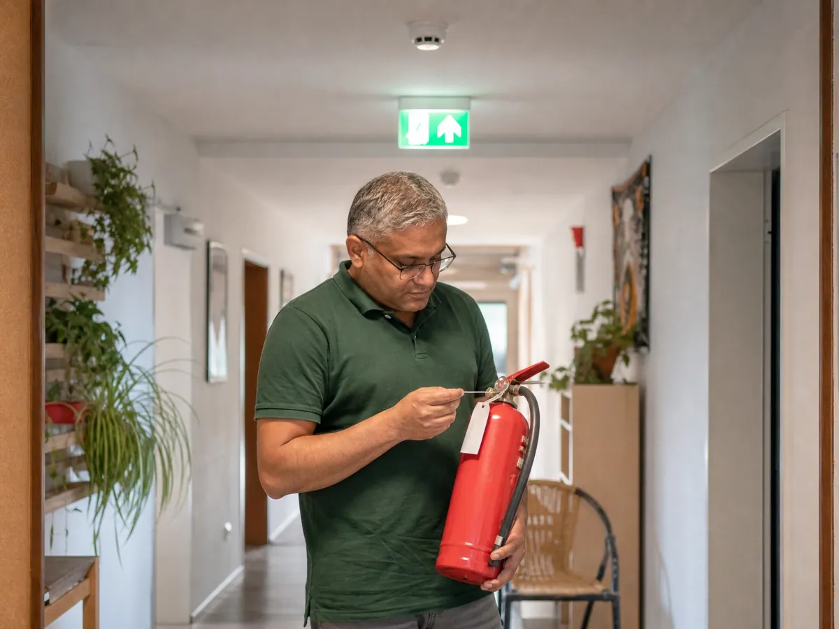 Hostelbetreiber kontrolliert im Flur Feuerlöscher und Rauchmelder für den Brandschutz