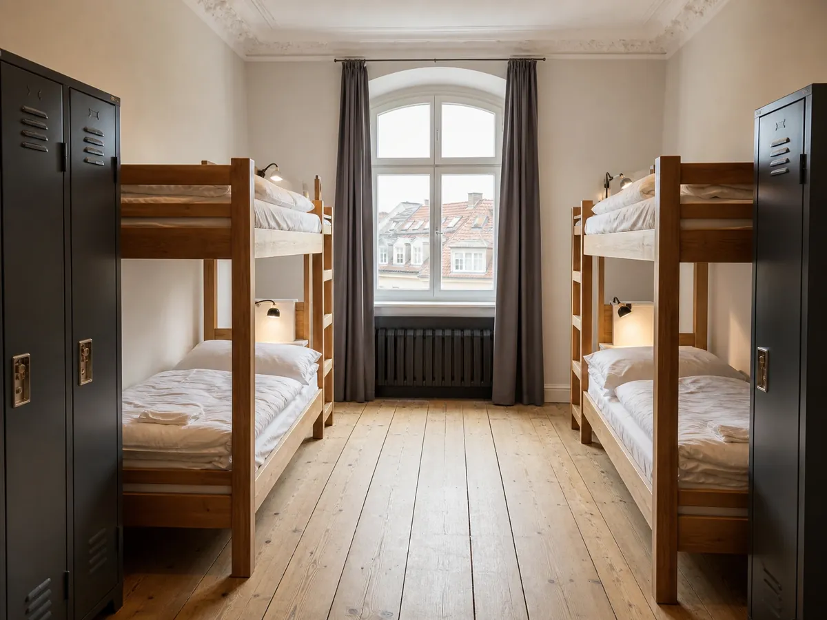 Frisch eingerichtetes Mehrbettzimmer mit Etagenbetten und Spinden in einem neuen Hostel
