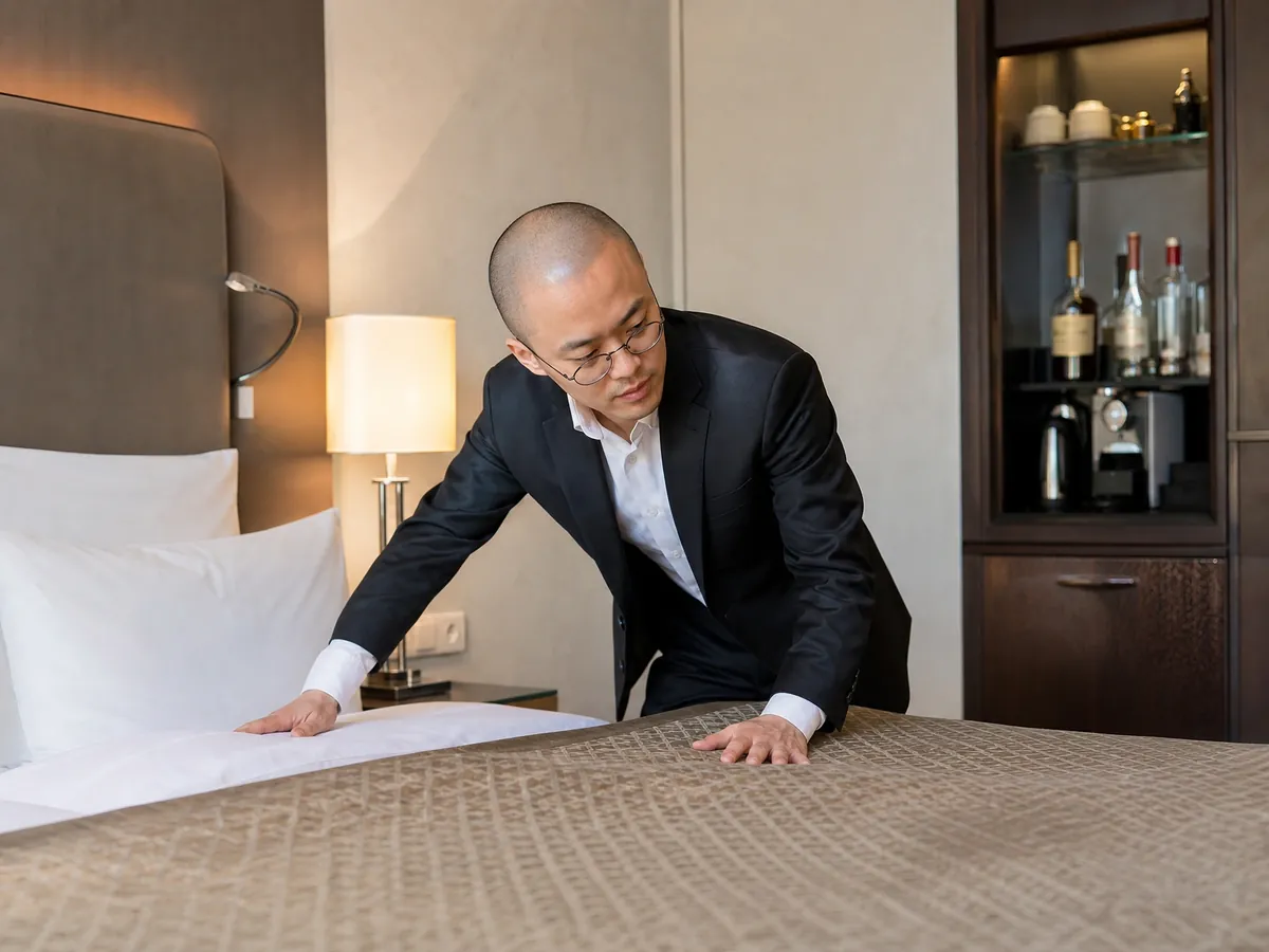 Junger Hotelier prüft nach der Übernahme die Zimmerausstattung für die neue Klassifizierung