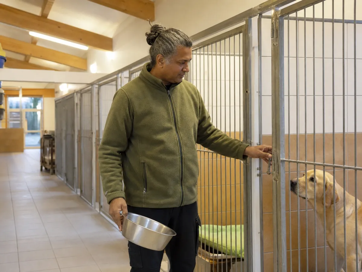 Betreiber kontrolliert in seiner Hundepension die Boxen mit Liegeplätzen und Wassernäpfen