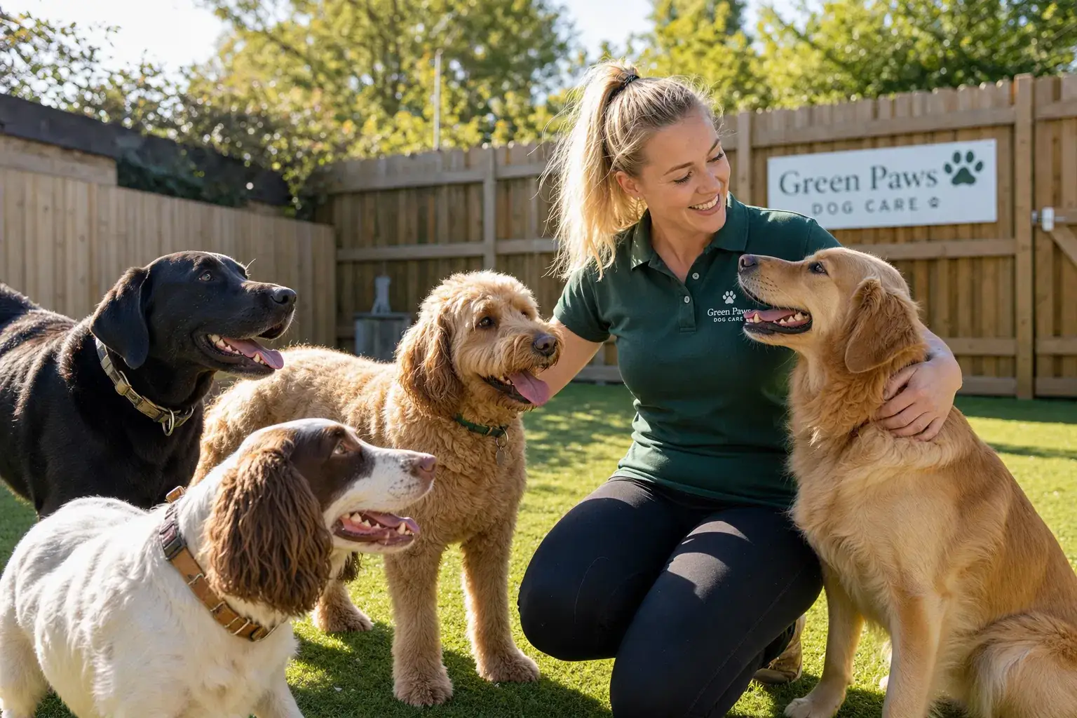 Betreuerin kniet lachend zwischen vier Hunden auf der eingezäunten Wiese einer Hundebetreuung