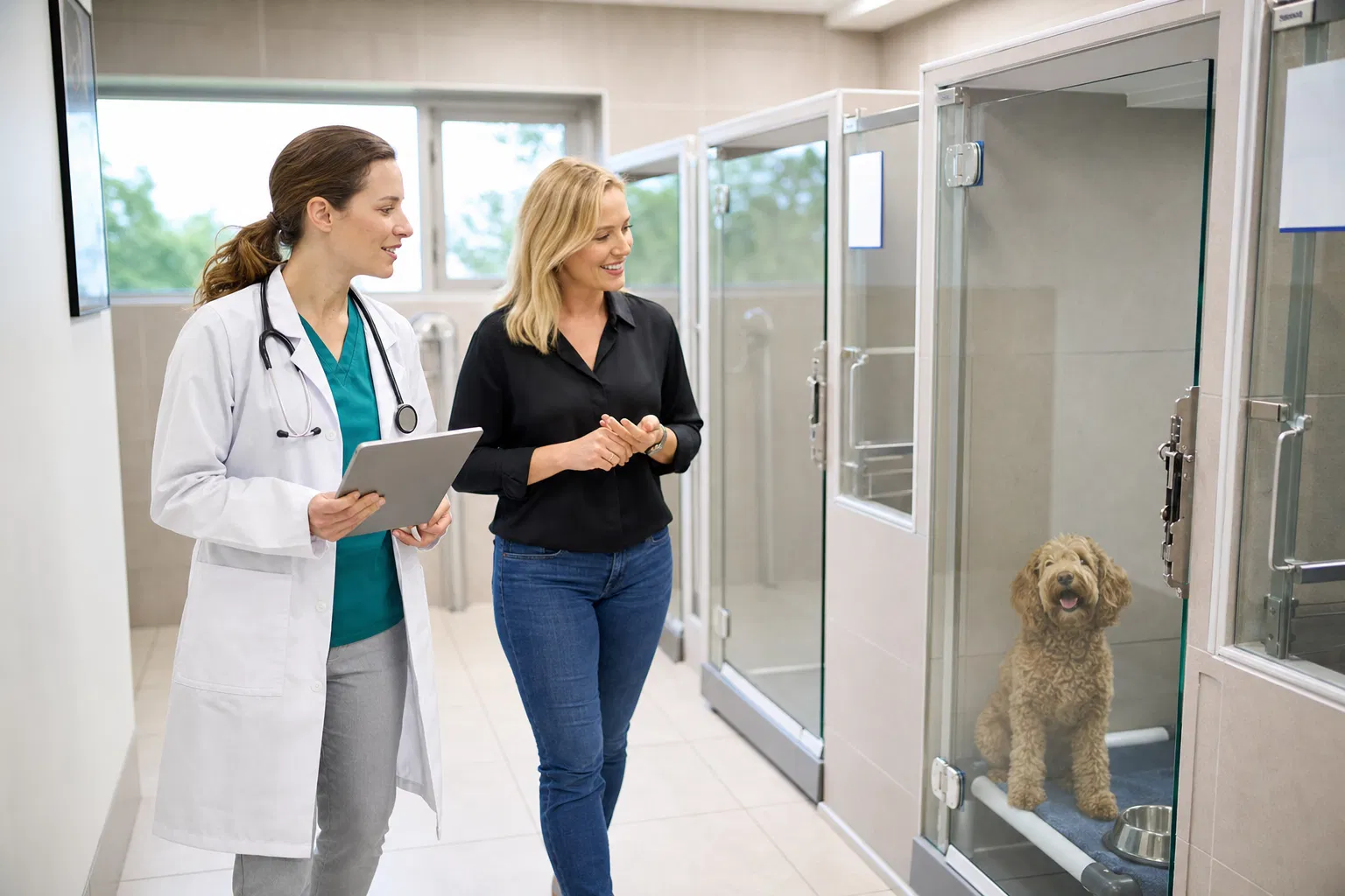 Tierärztin mit Tablet und eine Frau gehen an Tierboxen mit Glastüren vorbei, in einer Box sitzt ein Hund