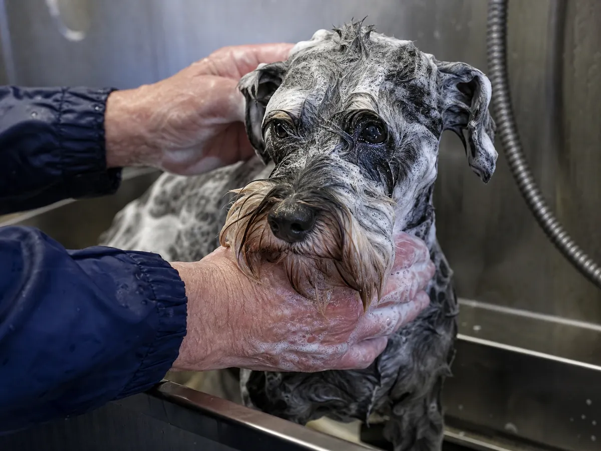 Hände halten einen nassen Terrier in der Wanne eines Hundesalons beim Waschen