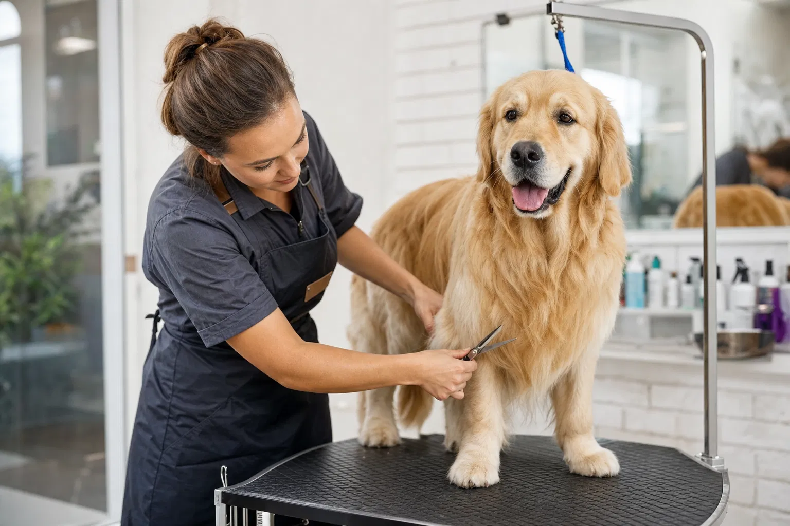 Hundefriseurin schneidet einem Golden Retriever auf dem Trimmtisch in einem hellen Salon das Fell