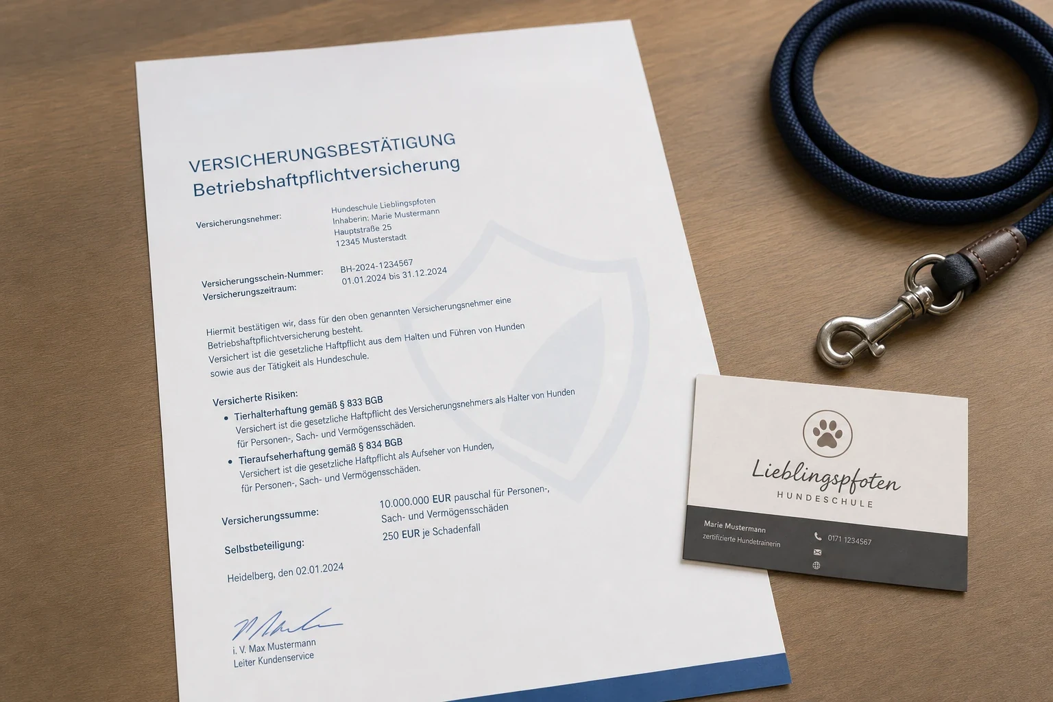 Versicherungsbestätigung einer Betriebshaftpflicht mit Tierhalter- und Tieraufseherhaftung, daneben Visitenkarte und Hundeleine