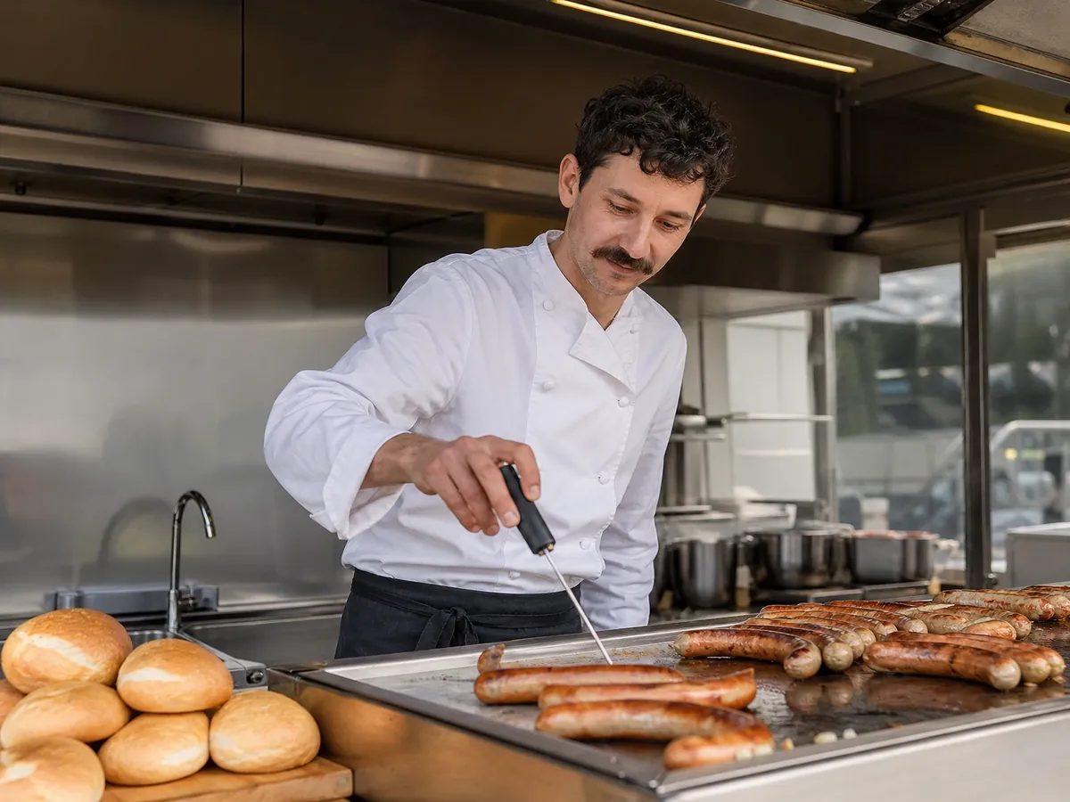 Imbissbetreiber misst an der Grillplatte die Temperatur der Würste zur Hygienekontrolle