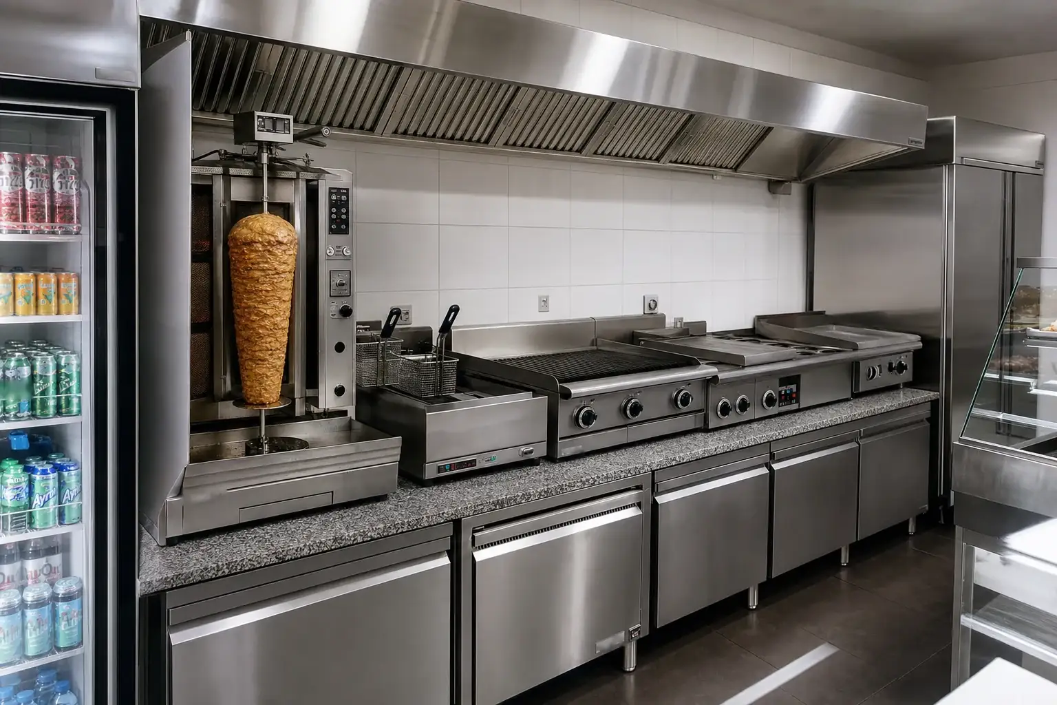 Küche eines Dönerladens mit Dönergrill und Spieß, Fritteuse, Grillplatten, Abzugshaube und Getränkekühlschrank