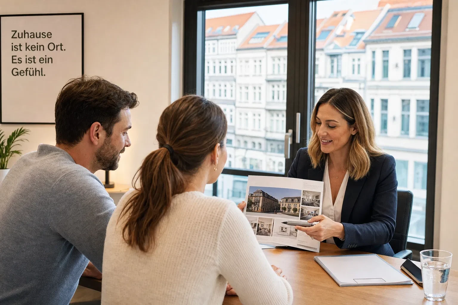 Maklerin zeigt einem Paar im Büro ein Exposé mit Fotos eines Wohnhauses