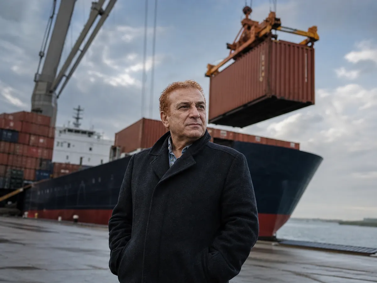 Außenhändler beobachtet am Containerterminal die Verladung seiner Exportware aufs Schiff