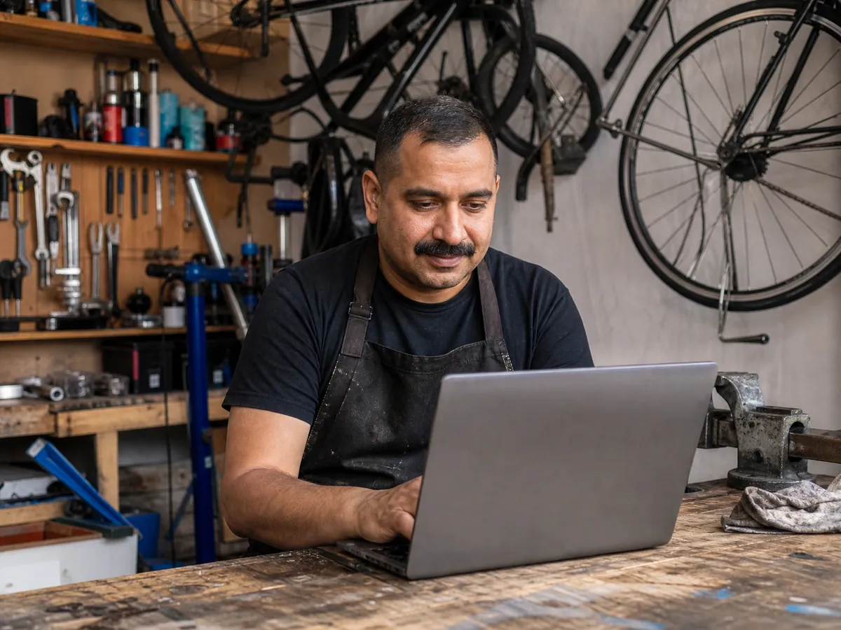 Inhaber einer Fahrradwerkstatt pflegt am Laptop seine Website samt Impressum