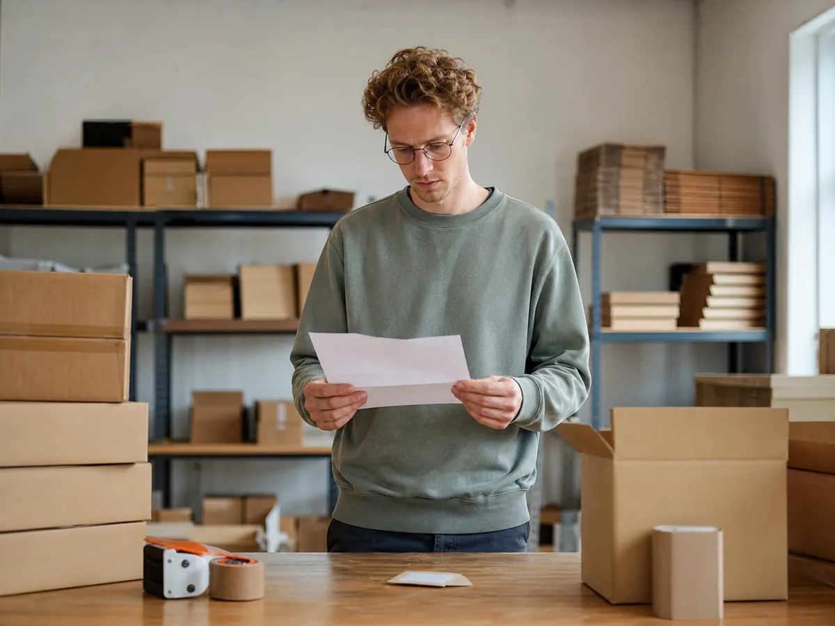 Junger Onlinehändler liest in seinem Versandlager besorgt einen Brief wegen einer Abmahnung