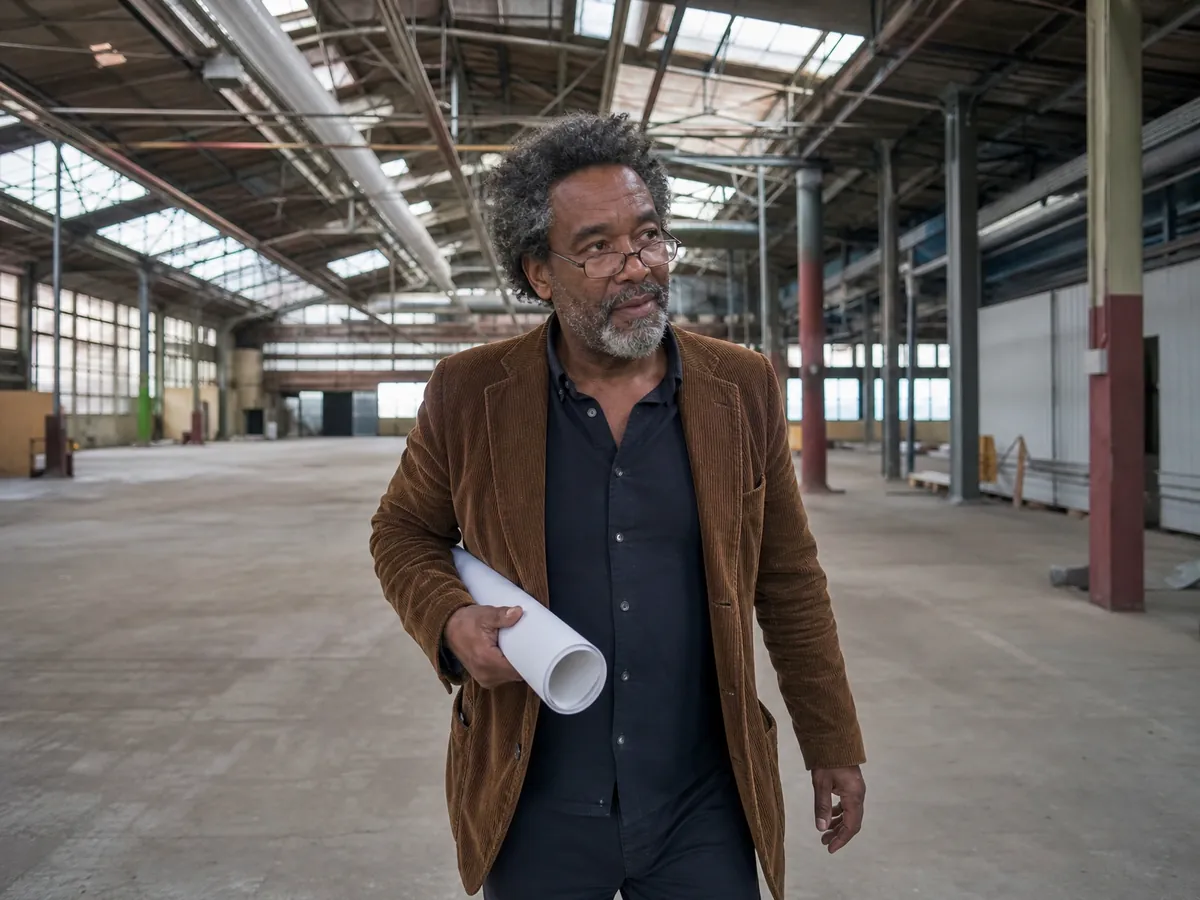 Investor besichtigt eine leere Gewerbehalle, die zum Indoorspielplatz umgebaut werden soll