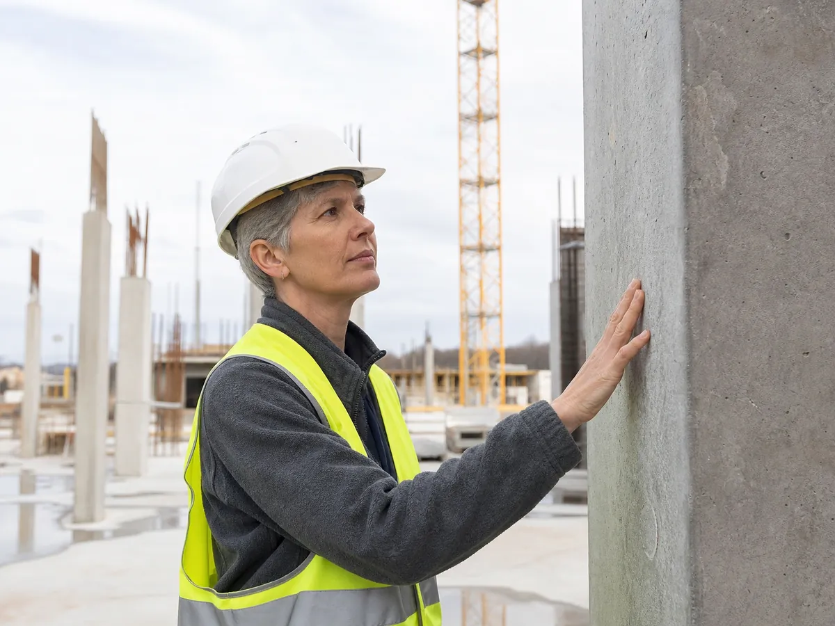 Ingenieurin prüft auf der Baustelle eine Betonstütze, für die sie als Planerin haftet