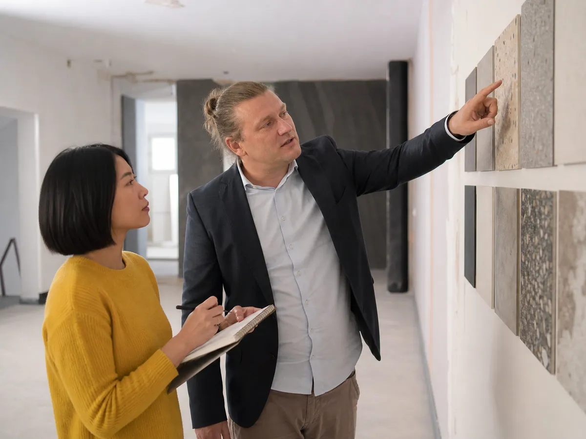 Innenarchitekt bespricht mit einer Kundin im Ladenlokal Entwurf und Honorar