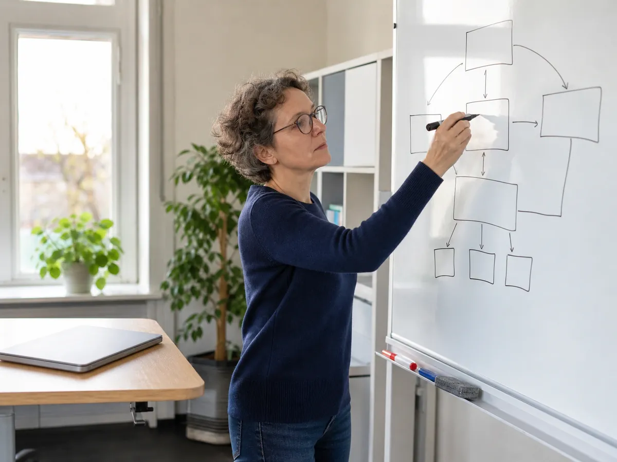 IT-Beraterin skizziert am Whiteboard die Systemarchitektur für ein Kundenprojekt