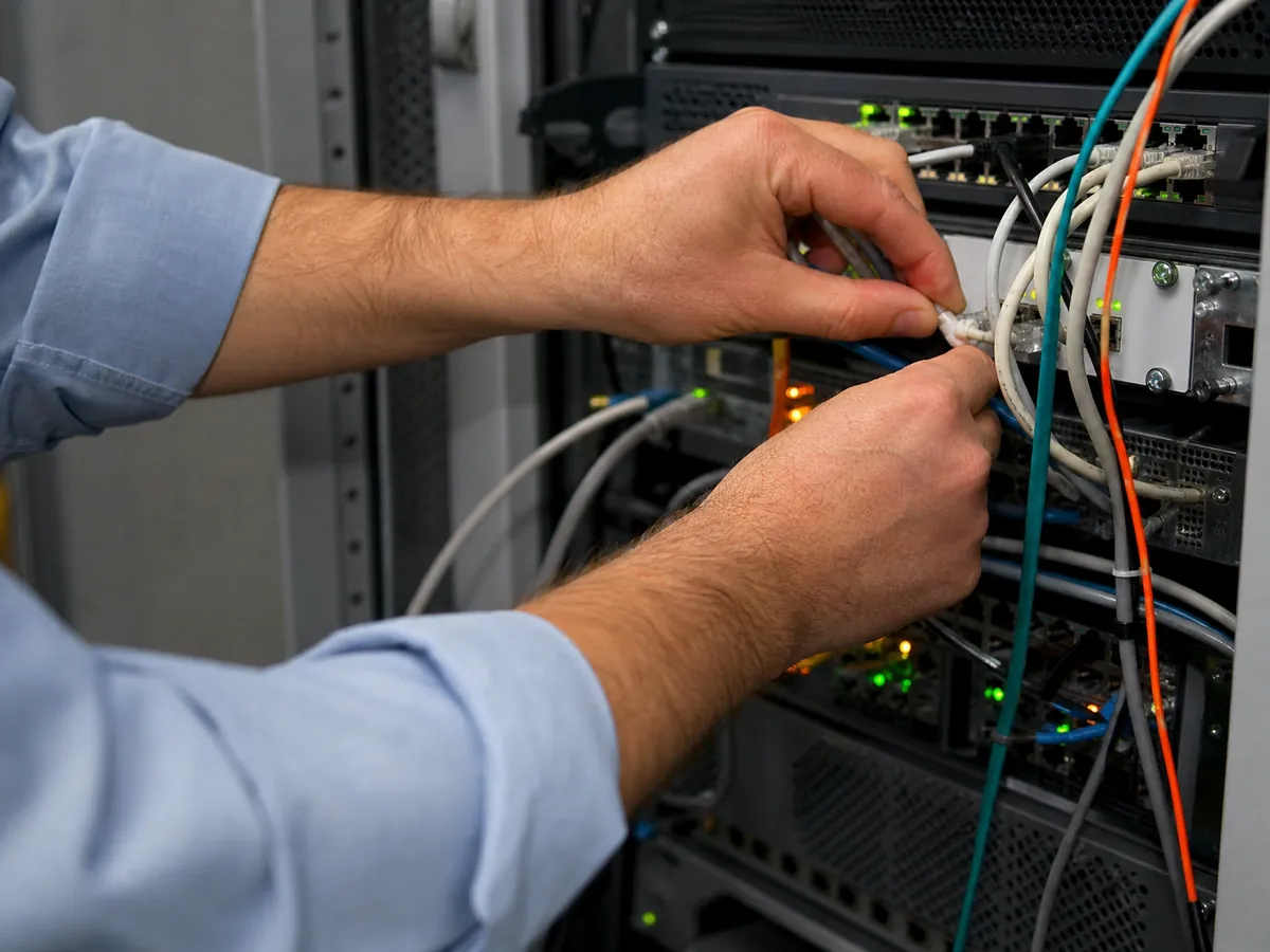 Hände eines IT-Beraters stecken im Serverschrank eines Kunden ein Netzwerkkabel um