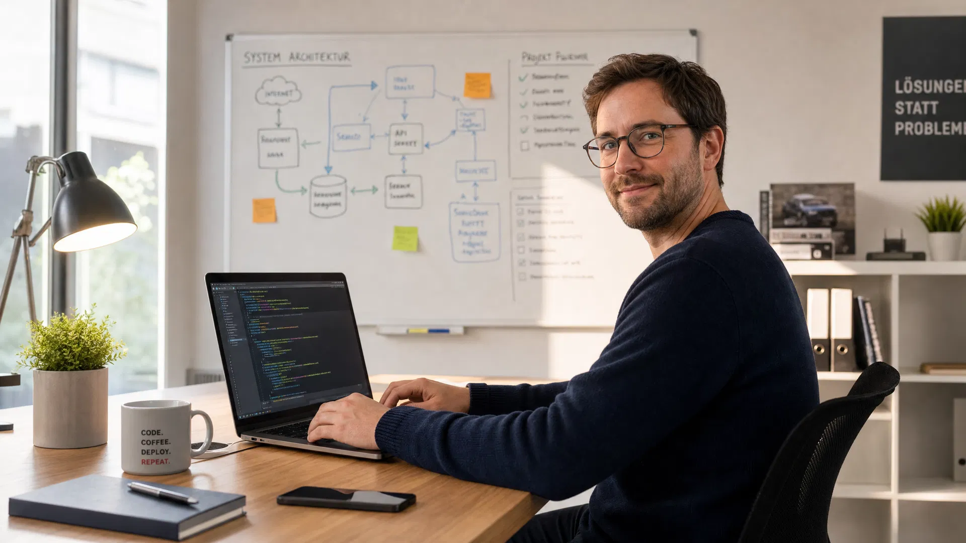 IT-Berater am Laptop vor einem Whiteboard mit Skizze einer Systemarchitektur
