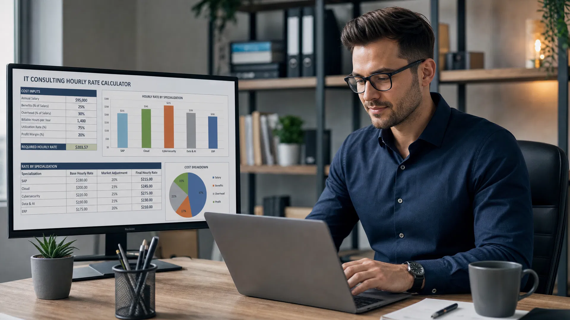Mann mit Brille im dunklen Hemd arbeitet am Laptop, auf dem Bildschirm dahinter eine Tabelle mit Balken- und Kreisdiagramm