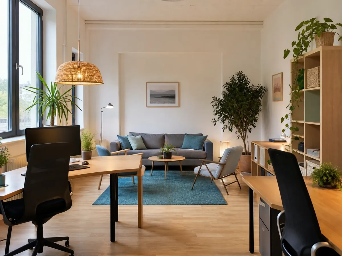 Neu eingerichtetes Büro eines ambulanten Jugendhilfeträgers mit Sitzecke für Gespräche