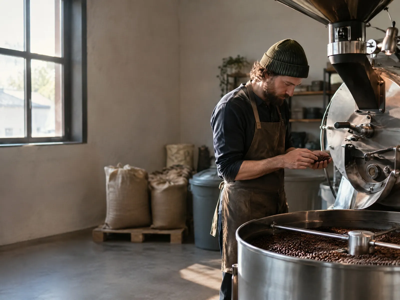 Röster prüft in einer kleinen Kaffeerösterei frisch geröstete Bohnen am Trommelröster