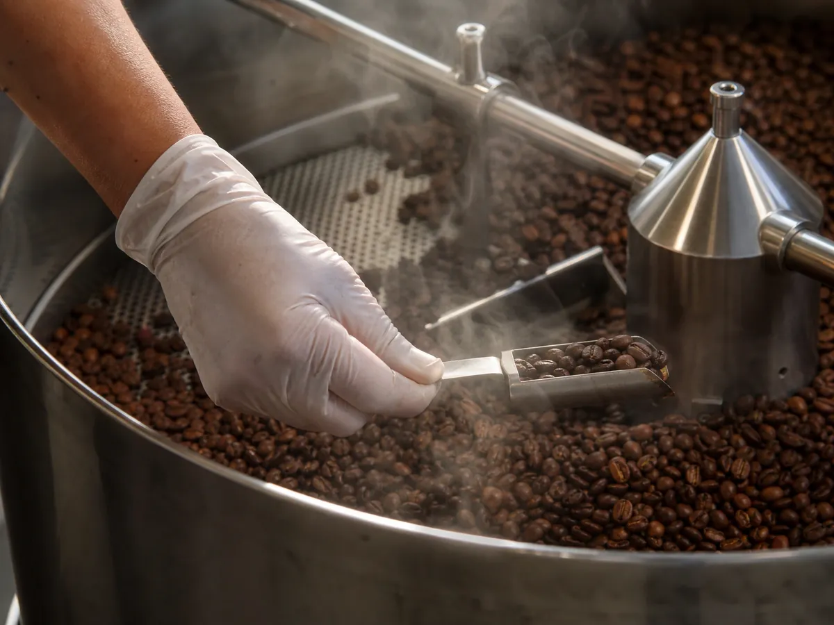 Frisch gerösteter Kaffee wird im Kühlsieb des Trommelrösters geprüft