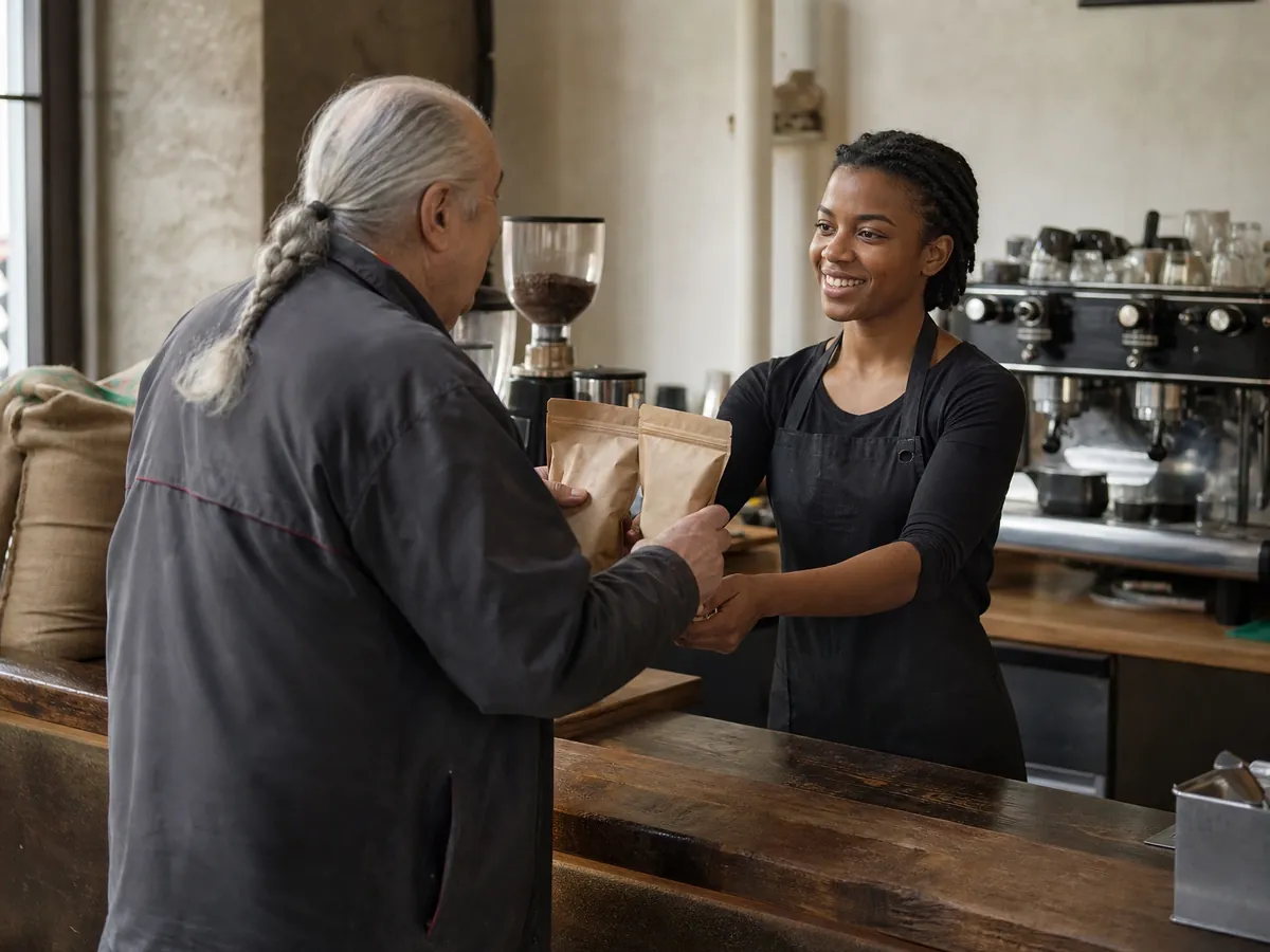 Kaffeeröster beliefert ein Café mit frisch geröstetem Kaffee für die Gastronomie