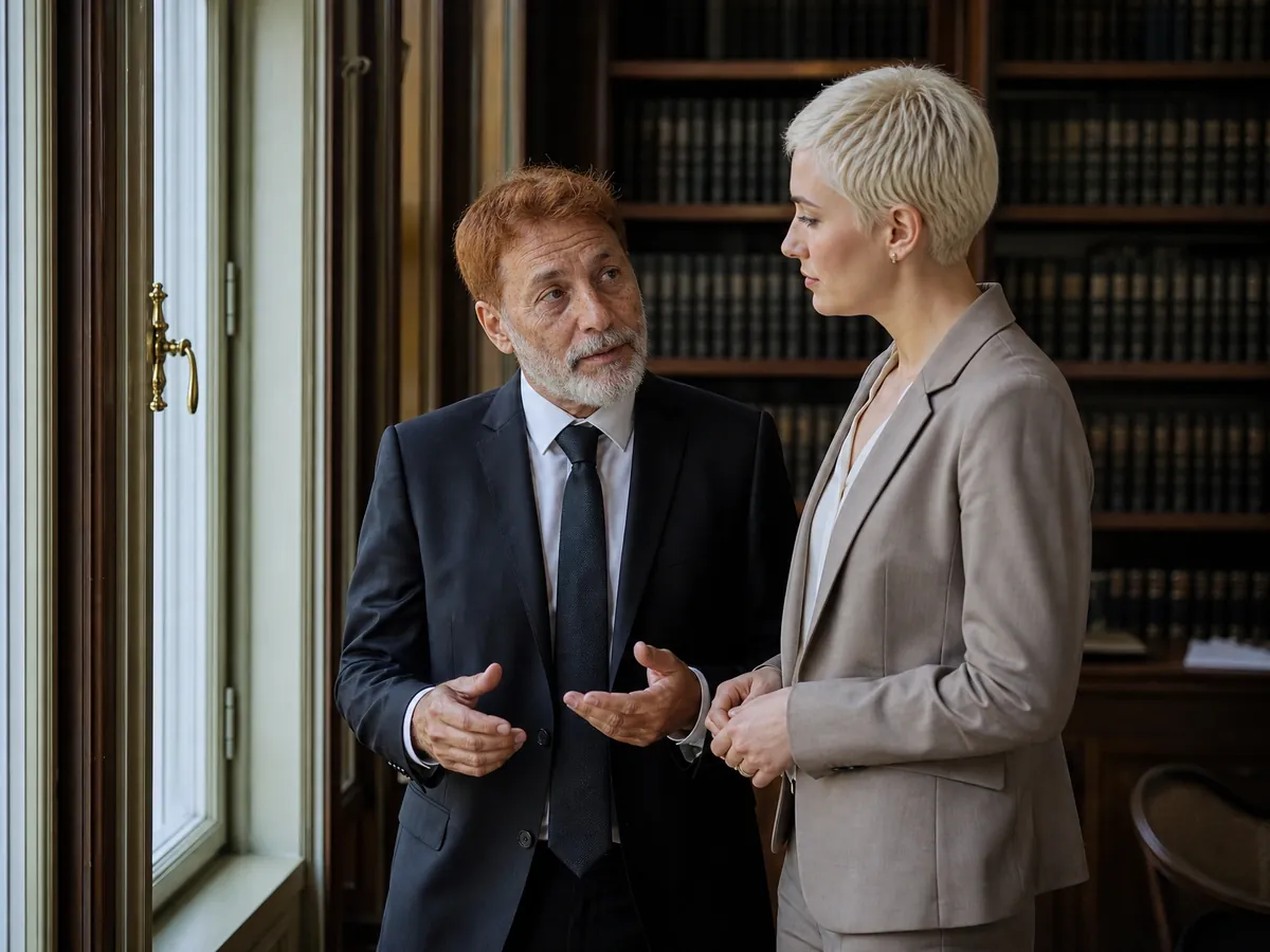 Zwei Anwälte besprechen in einer Altbaukanzlei die Gründung ihrer Partnerschaft