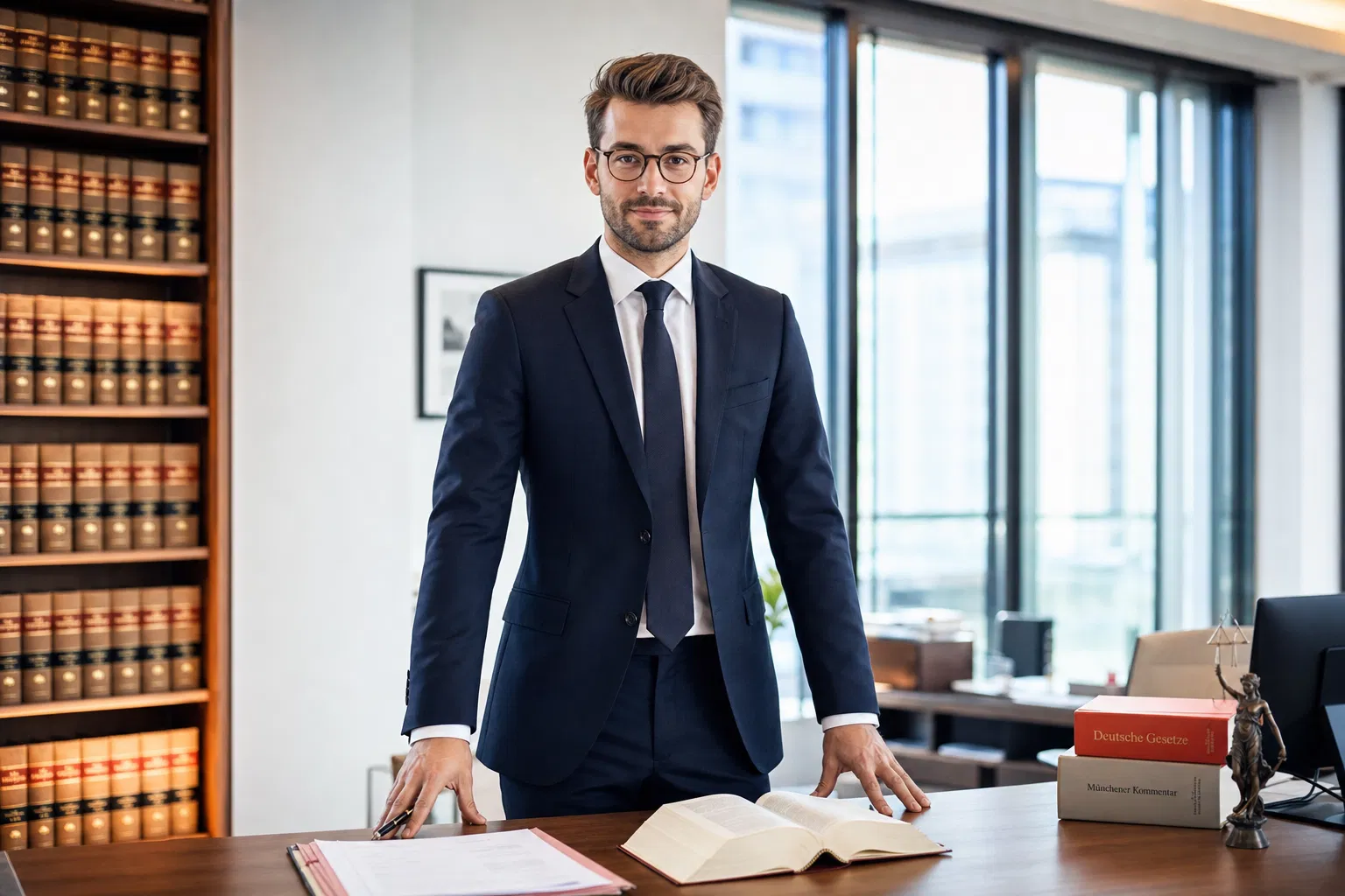 Mann im dunklen Anzug steht in einem Büro vor einem Regal mit Gesetzesbänden
