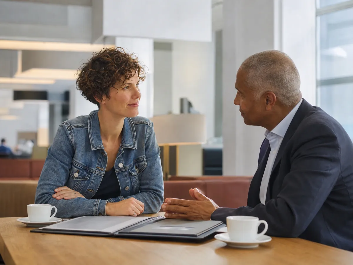 Gründerin bespricht mit dem Bankberater, wie sie ihre Finanzierungslücke schließt