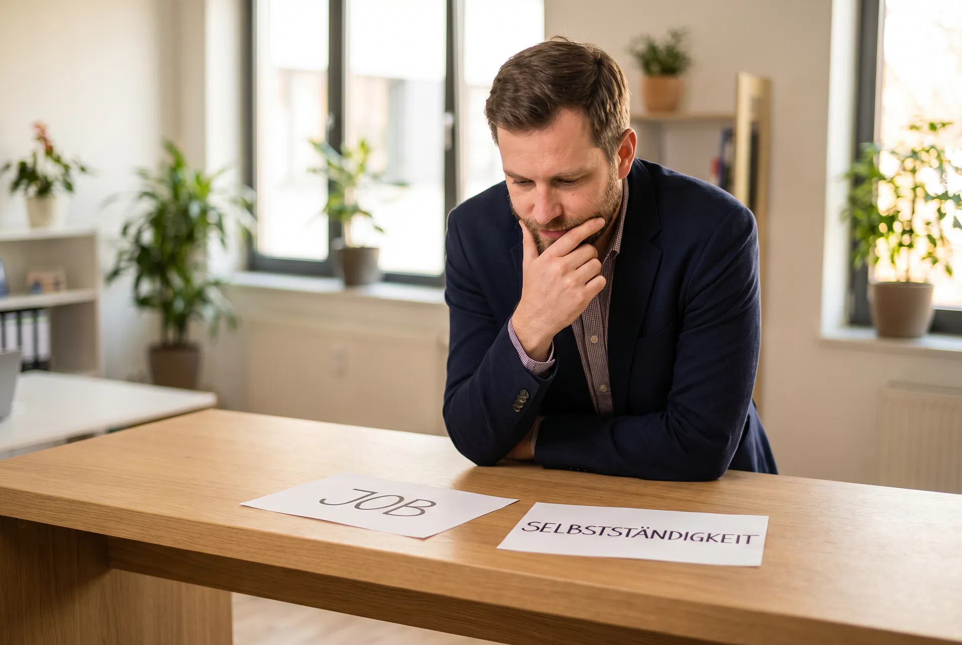 Nachdenklicher Mann im Sakko stützt sich auf einen Tisch, vor ihm liegen zwei Zettel mit den Wörtern Job und Selbstständigkeit
