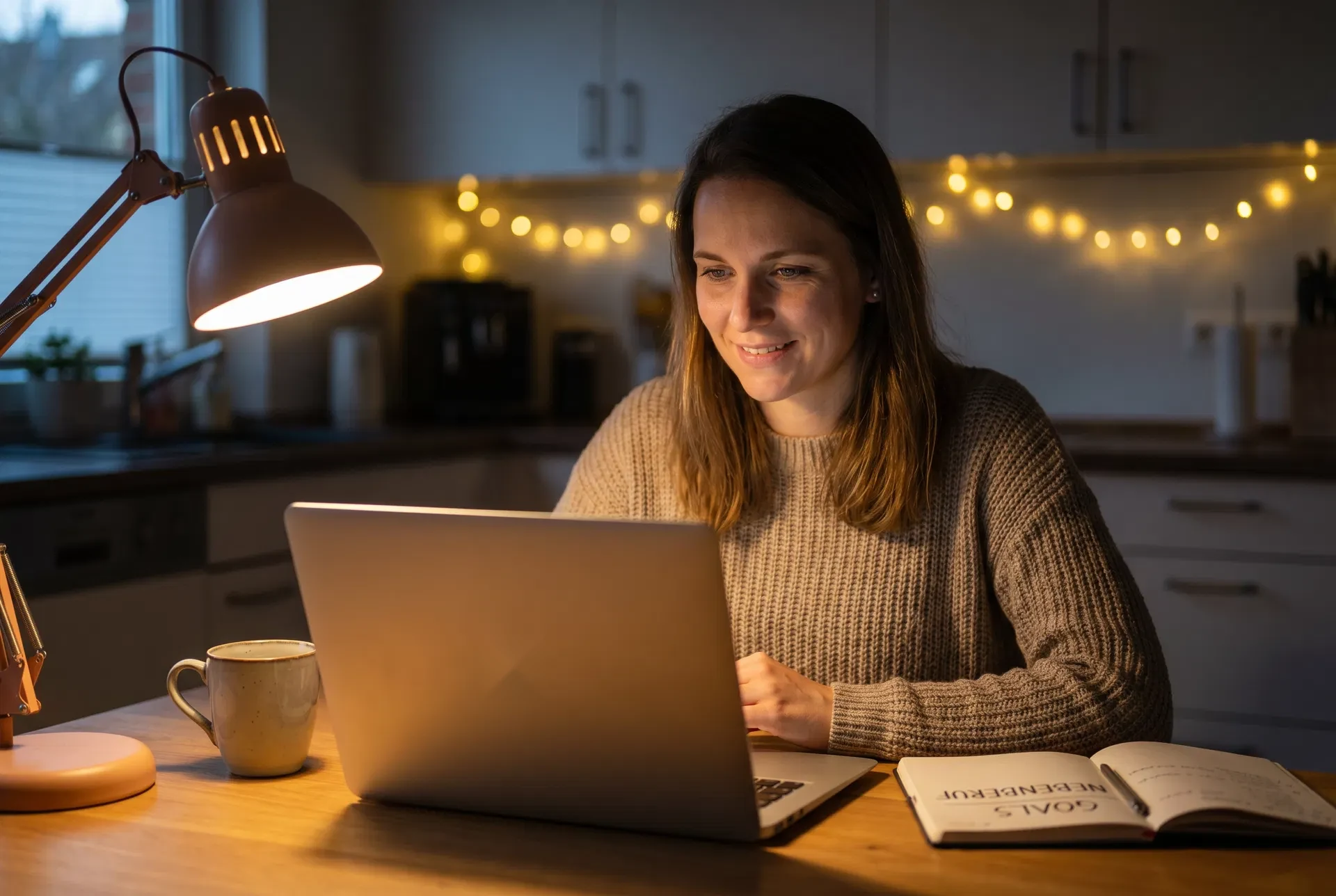 Lächelnde Frau im Strickpullover sitzt abends am Küchentisch vor dem Laptop, neben ihr eine Tasse und ein aufgeschlagenes Notizbuch