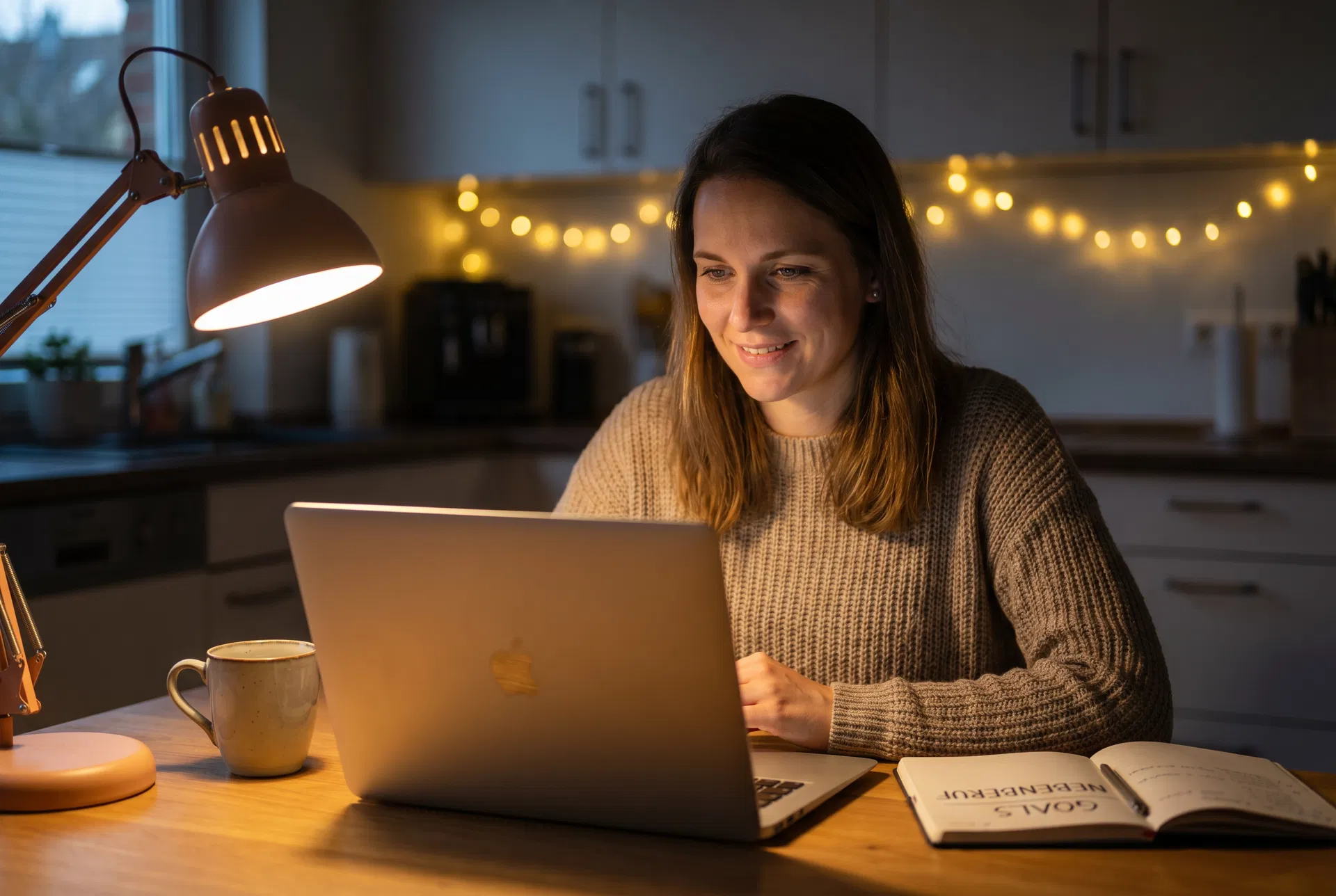 Frau arbeitet abends lächelnd am Laptop am Küchentisch, daneben eine Tasse und ein aufgeschlagenes Notizbuch, im Hintergrund eine Lichterkette