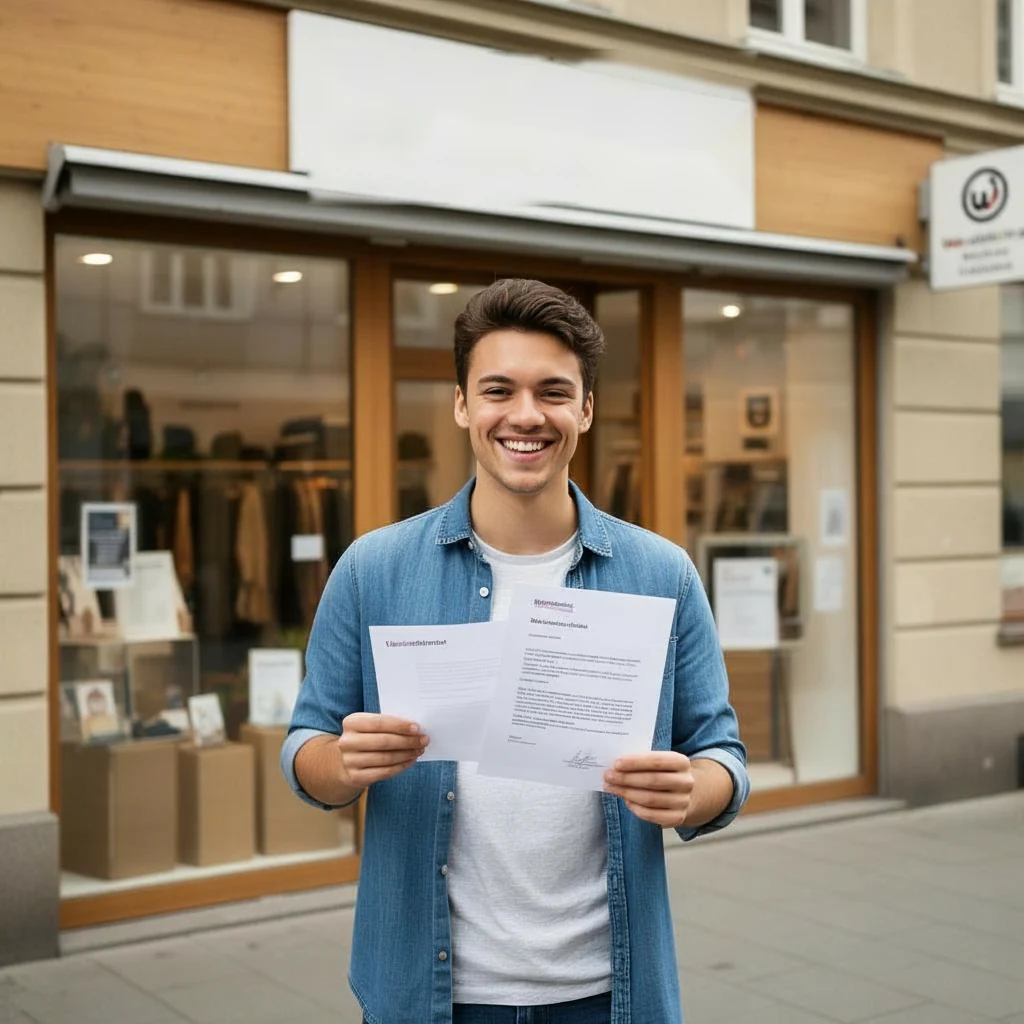 Lächelnder junger Mann im Jeanshemd hält zwei Schreiben in den Händen und steht vor einem Ladengeschäft mit großen Schaufenstern