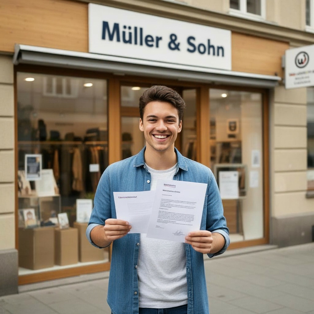 Lächelnder junger Mann im Jeanshemd hält zwei Schreiben in den Händen und steht vor einem Ladengeschäft mit dem Schild Müller & Sohn