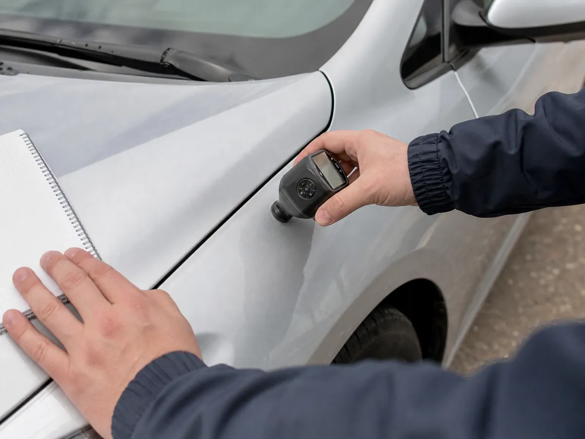 Kfz-Gutachter misst die Lackschichtdicke an einem Kotflügel zur Schadensbewertung