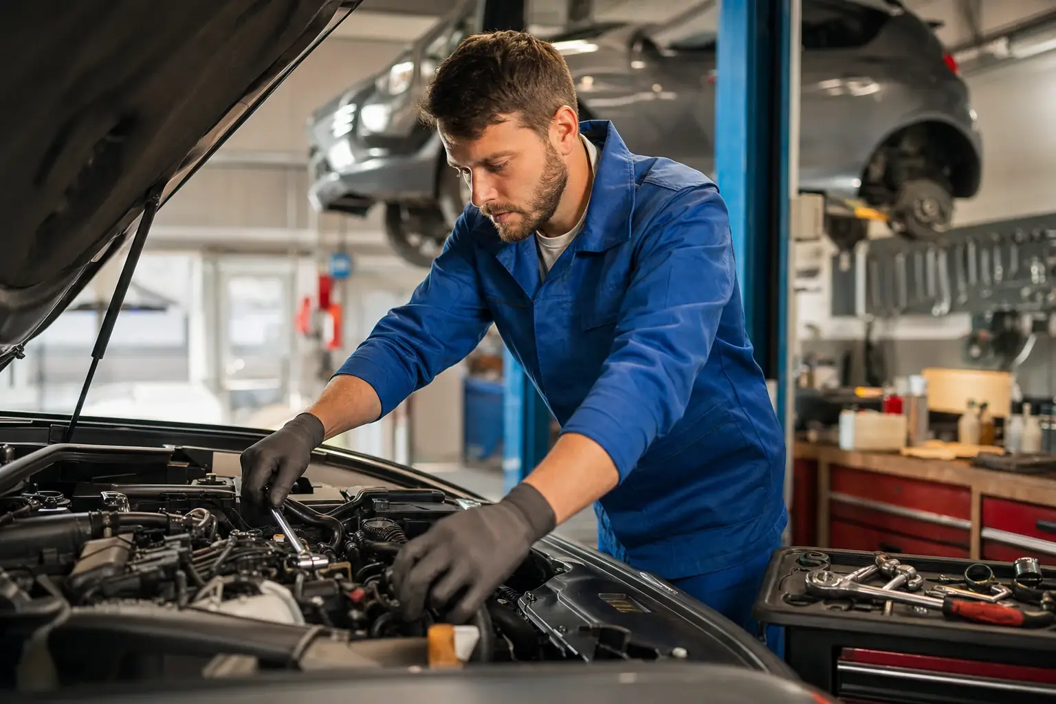 Mechaniker in blauer Arbeitskleidung arbeitet in einer Werkstatt am Motorraum eines Autos