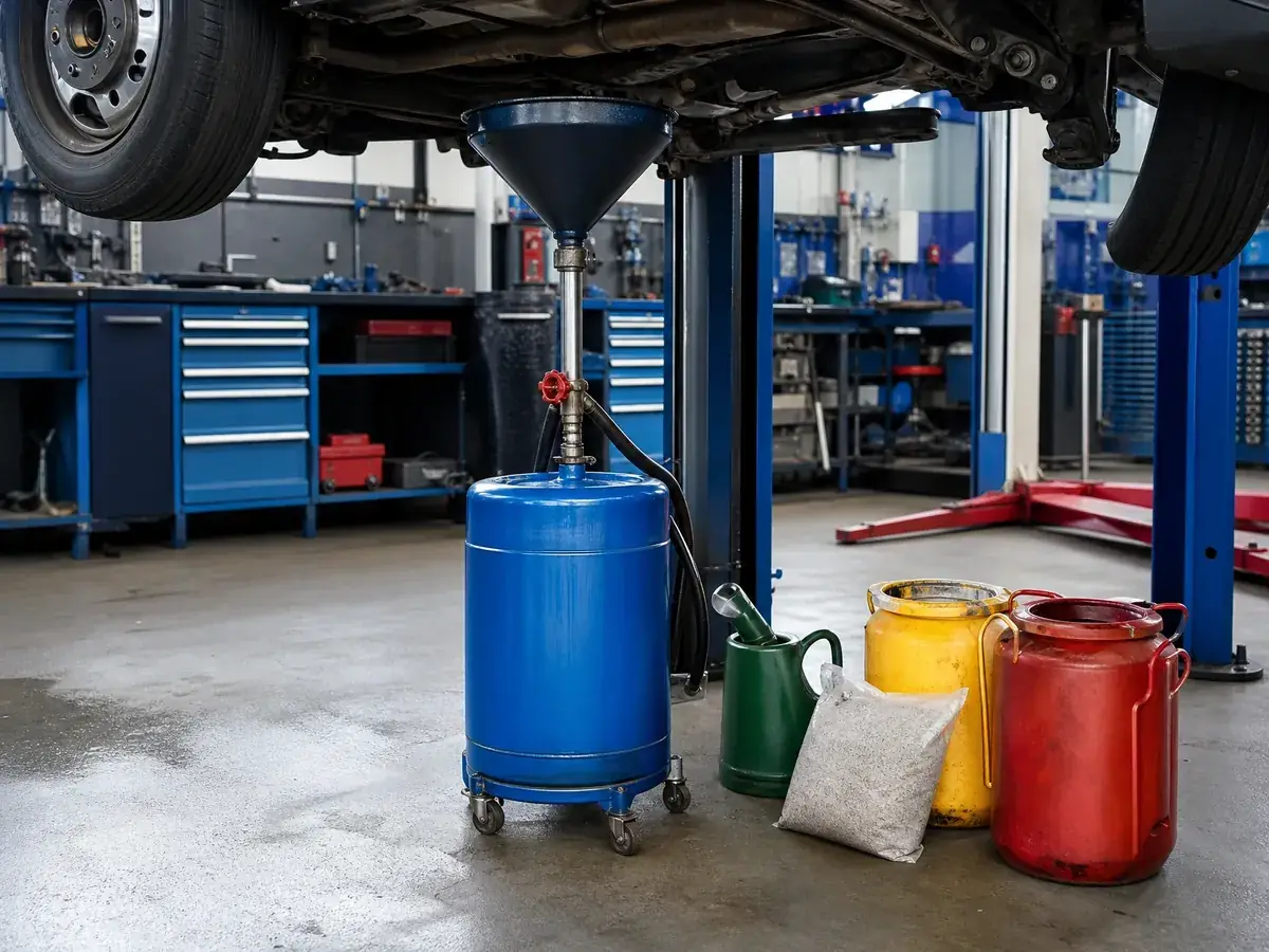 Altölauffanggerät und Sammelbehälter in einer Kfz-Werkstatt für den Boden- und Gewässerschutz