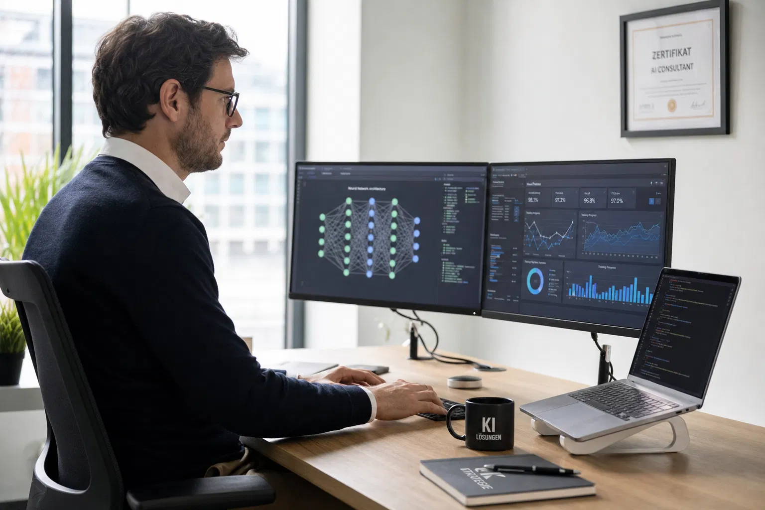KI-Berater arbeitet an zwei Monitoren mit Diagrammen eines neuronalen Netzes, daneben ein Laptop mit Code
