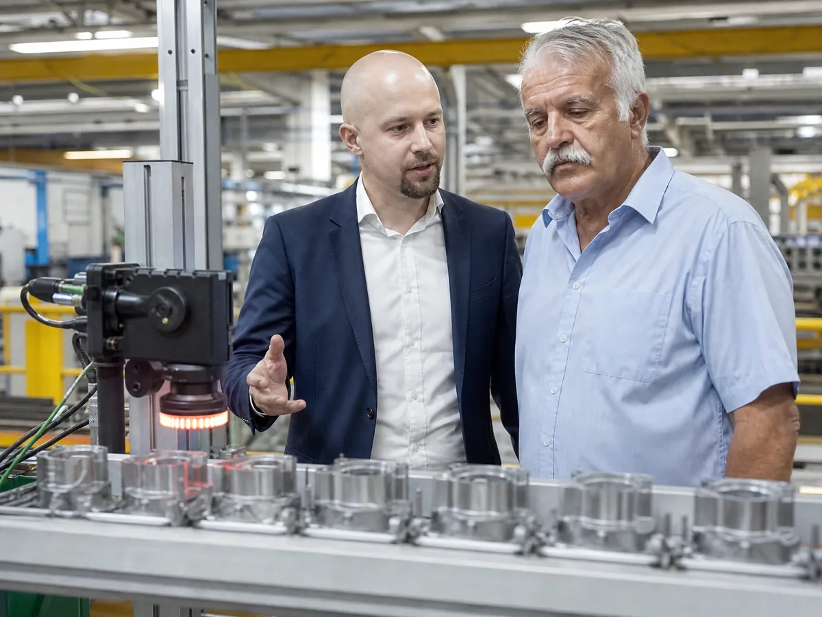 KI-Berater erklärt dem Werkleiter eine KI-gestützte Prüfstation in der Produktion