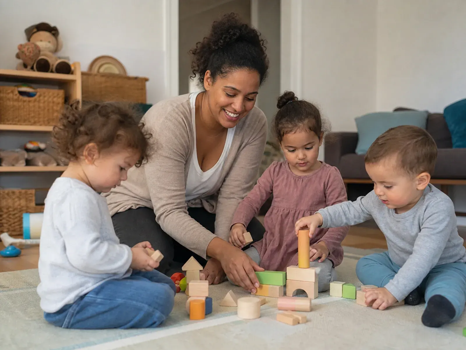 Kindertagespflege: Tagesmutter baut mit drei Kleinkindern Türme aus Holzklötzen