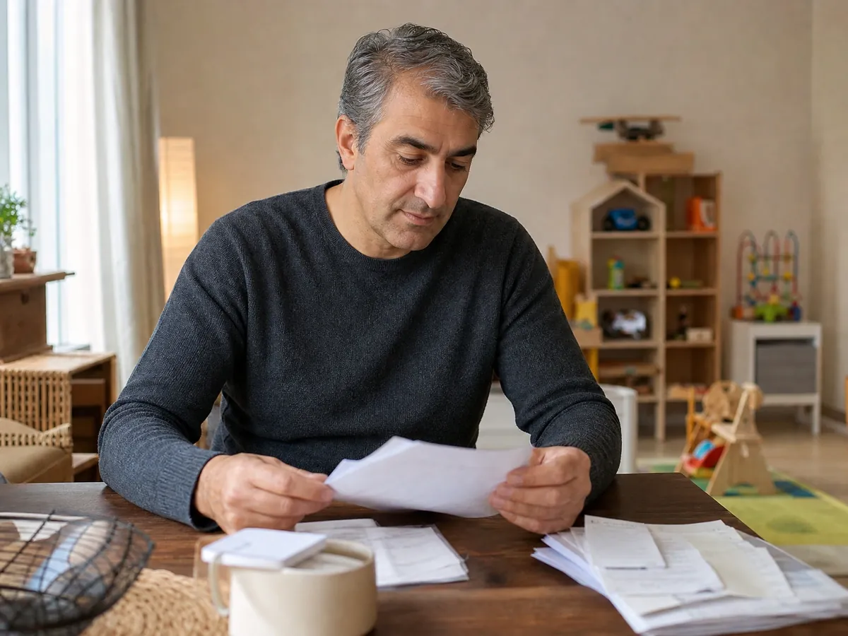Tagesvater sortiert nach der Betreuung seine Belege für die Steuer in der Kindertagespflege