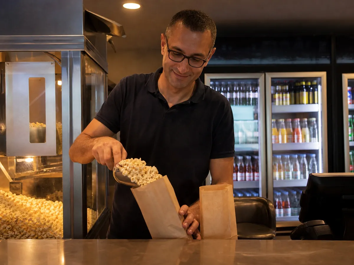Kinobetreiber füllt im Foyer Popcorn ab, ein wichtiger Teil des Kinoumsatzes