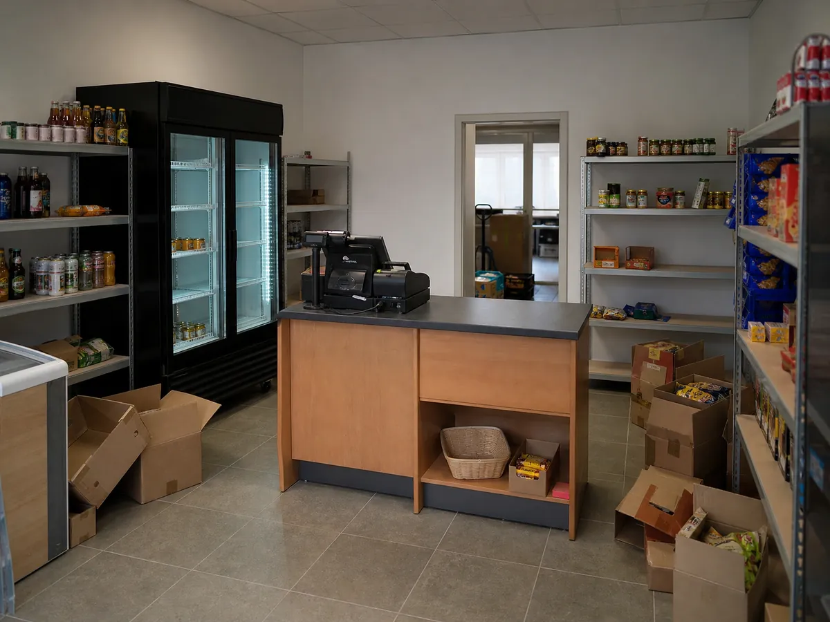 Kleiner Kiosk kurz vor der Eröffnung mit Regalen, Kühlschrank und erster Ware