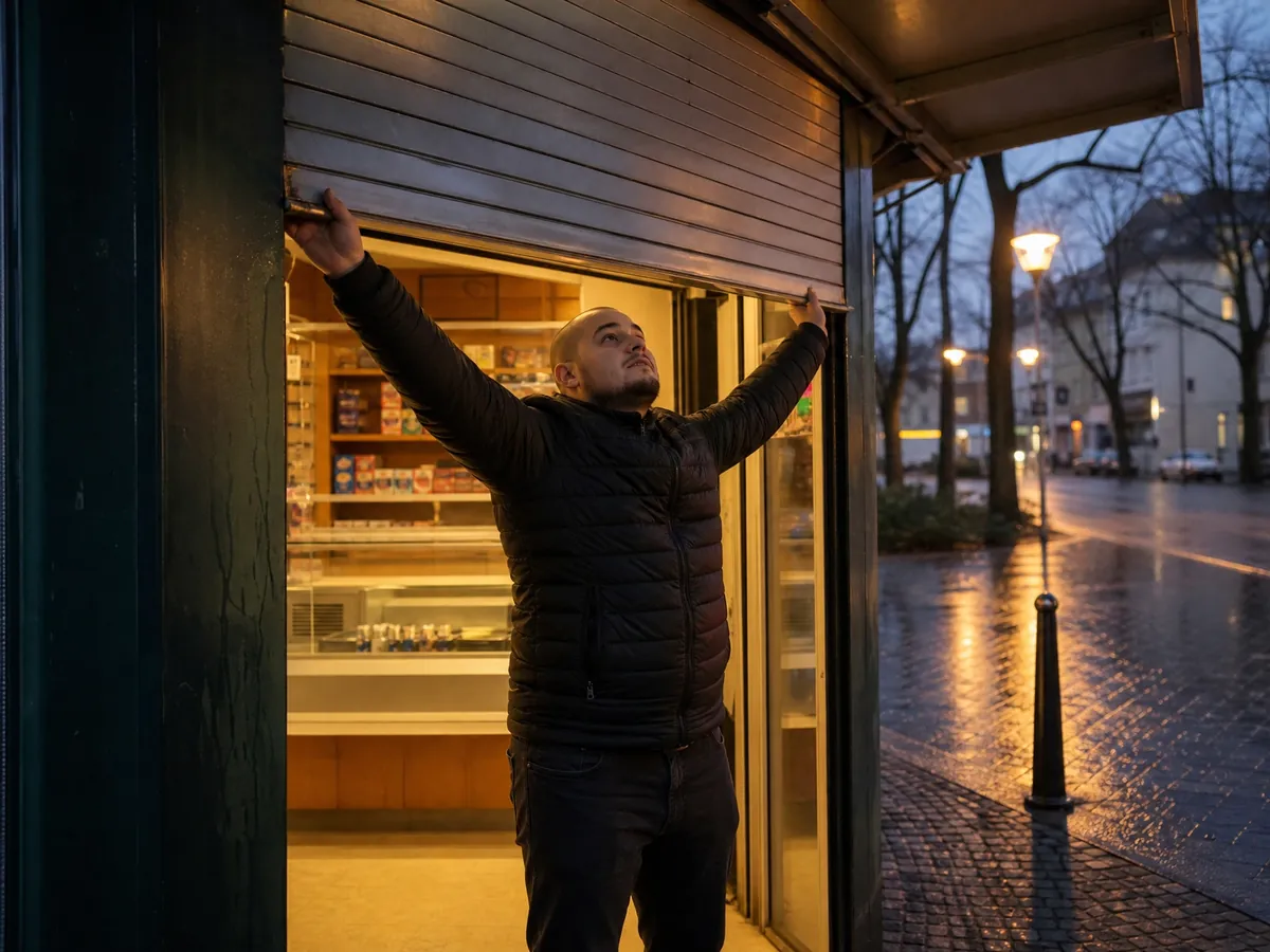 Kioskbetreiber öffnet frühmorgens die Rolltür seines Kiosks an der Straßenecke