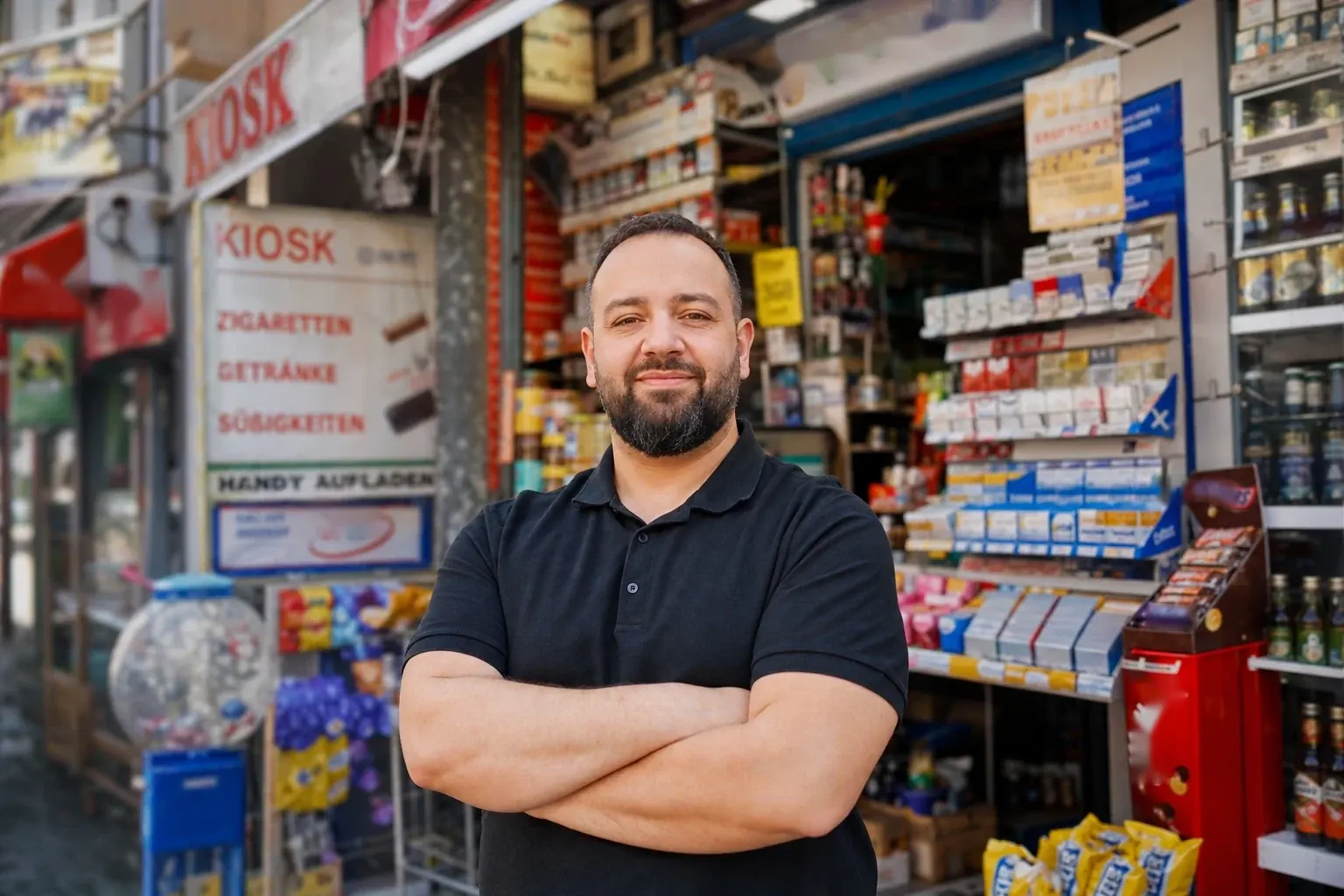 Kioskinhaber steht mit verschränkten Armen vor seinem Kiosk mit Regalen voller Zigaretten, Getränke und Süßigkeiten
